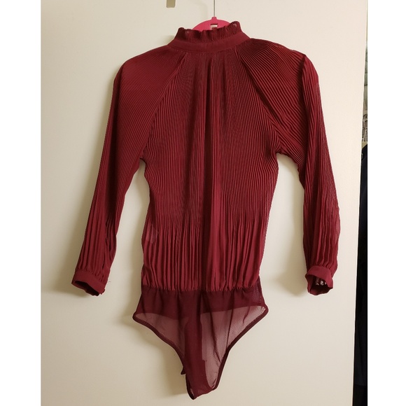 Sexy Sheer Lace Tie Neck Pleated Chiffon Snap Bodysuit Button Blouse Shirt Top - Picture 2 of 4